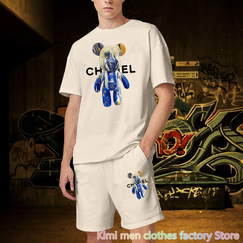 TShirts Shorts Sets Bear print Cotton Set Men Oversized 2 Piece Outfits Sets for Men Summer Streetwear Tracksuit Jogging suit