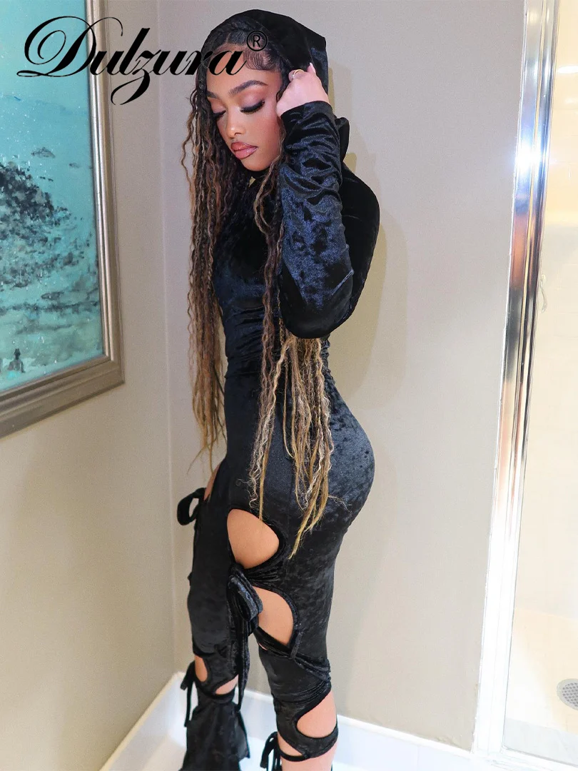 

Dulzura Autumn Sexy Y2K Clothes Hollow Out Long Sleeve V-Neck Bodycon Skinny Hoodies Jumpsuit For Women Club Streetwear Romper