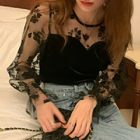 sexy embroidery mesh women blouses new lace half see through black shirts clubwear butterfly patchwork elegant ladies shirts xl