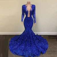 dream mermaid evening dresses elegant sequin full sleeve floor length deep blue prom dress 2022 new summer party robes de soir%c3%a9e