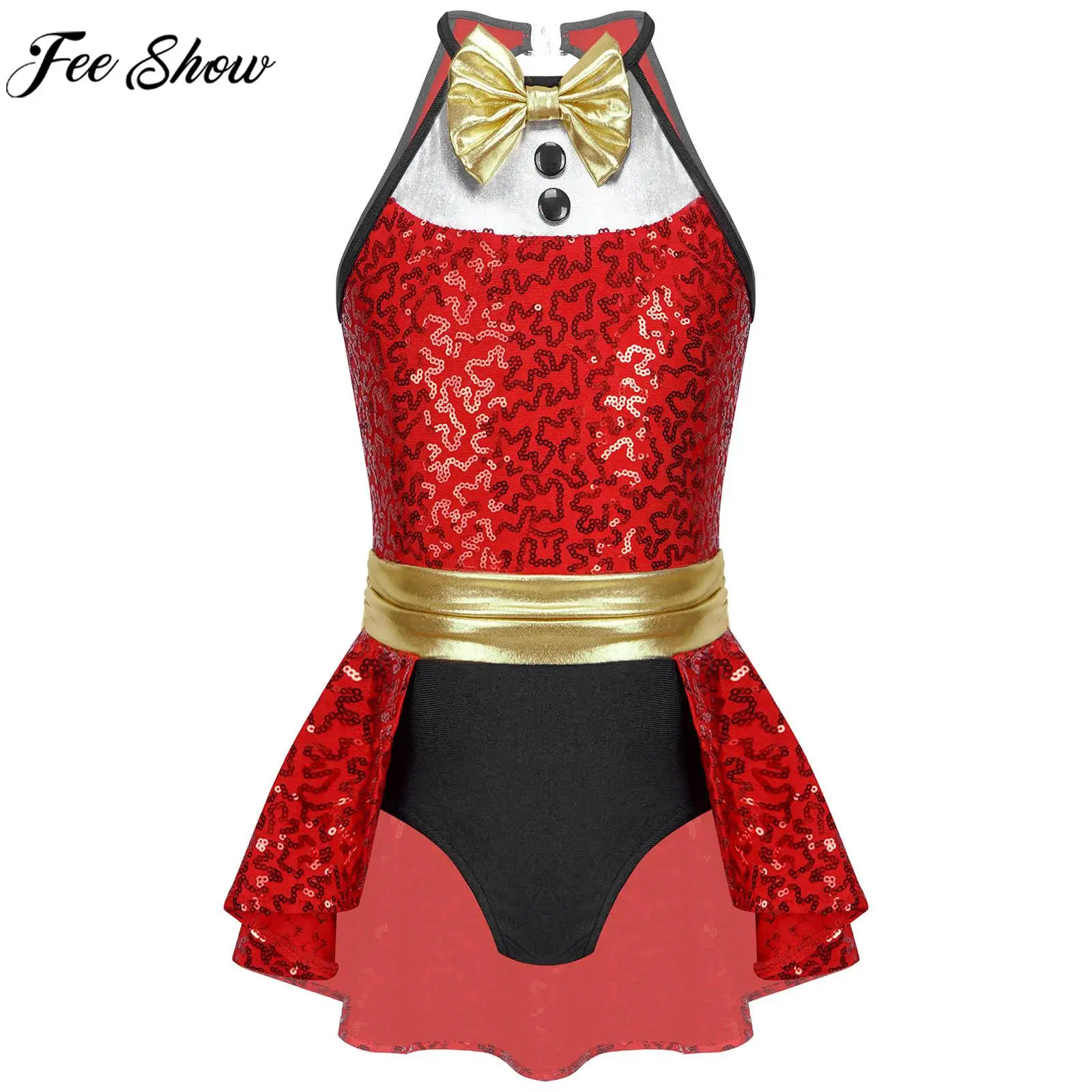 

Kids Halloween Christmas Circus Magician Cosplay Leotard Girls Sequin Bowknot Bodysuit Dress for Theme Party Carnival Stage Show