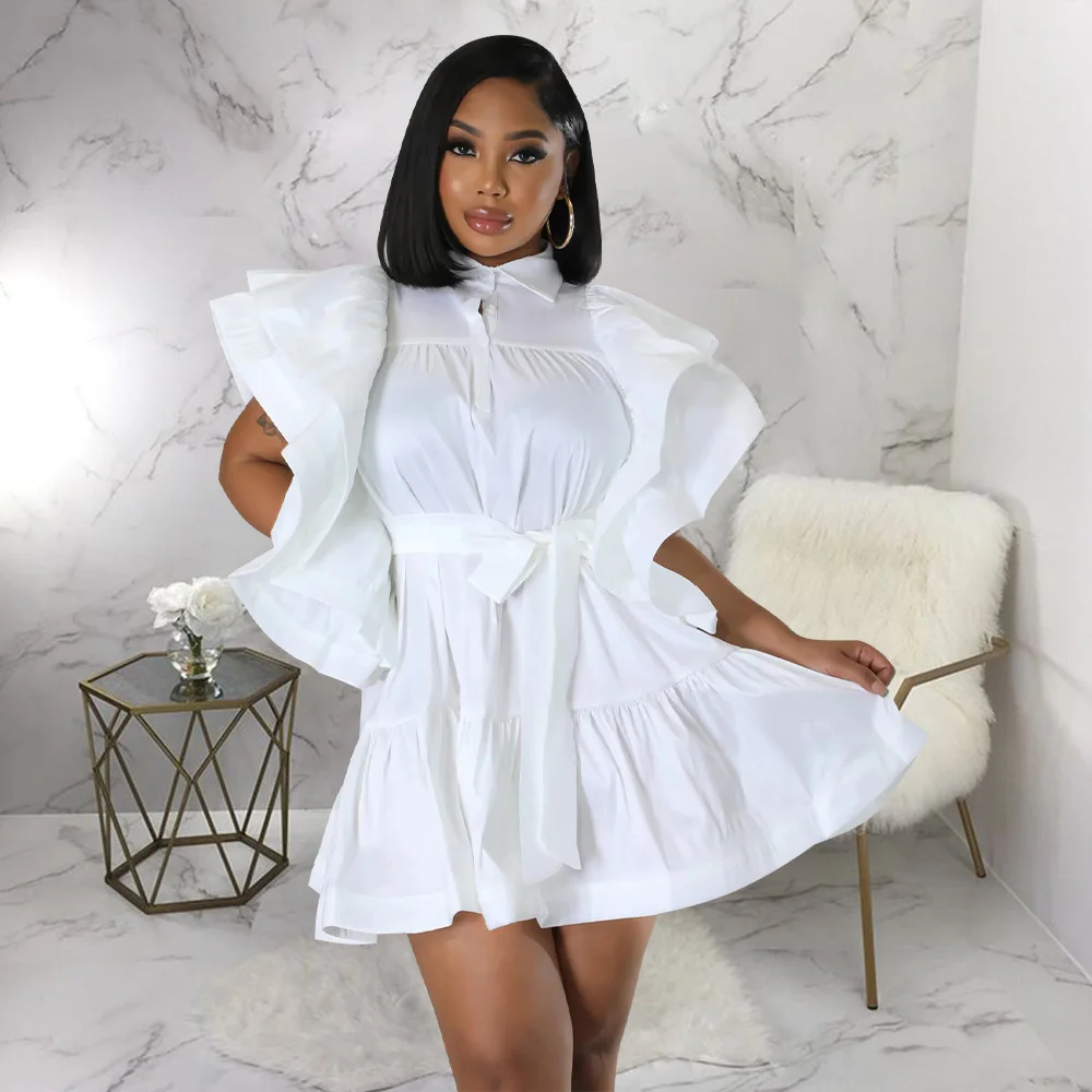 

Fashion Women's Dress 2022 New Satin Solid V-Neck A-line Short Sleeve Ruffle Streetwear Casual 2023 Summer Female Shirt Dress