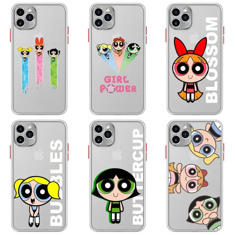 

Funny Cartoon Powerpuff Girls Phone Case For iphone 12 11 Pro Max Mini XS 8 7 Plus X SE 2020 XR Matte Transparent Light white