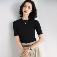 2022 summer womens knit t shirts short sleeve o neck plain elastic bodycon pullover tops female casual basic style clothing