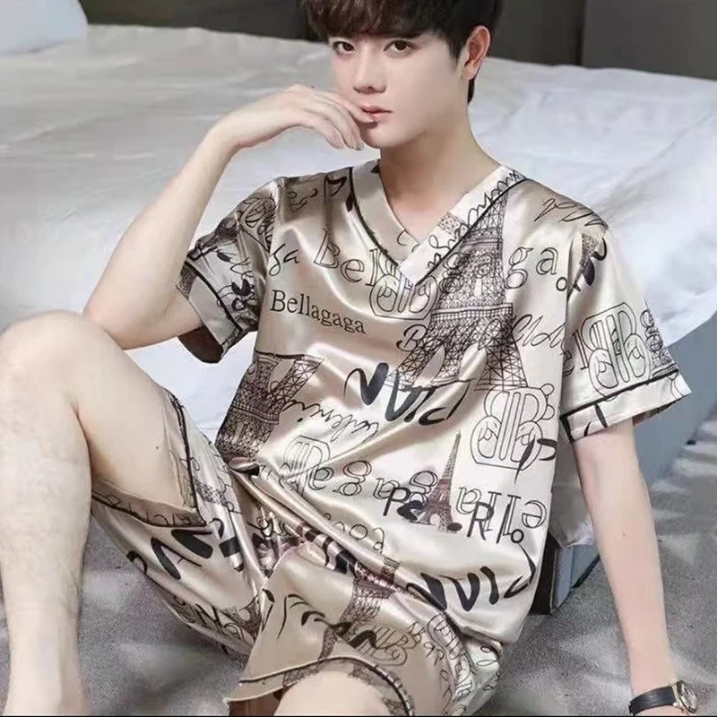 Pajamas for Men Summer V-neck Short-sleeved Pijama Simple Casual Home Wear Plus Size Sleepwear Two-piece Ice Silk Man Pajama