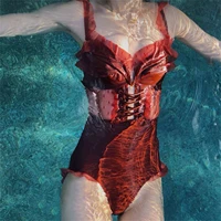 new sexy lace one piece swimwear solid color perspective gathering thin belly bikini swimsuit spa resort beachwear