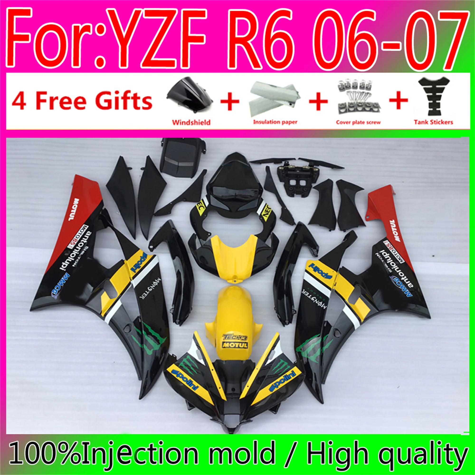 

New Injection Mold YZF R6 06 Motorcycle Fairing bodywork Kits YZF600 R6 07 Abs for YAMAHA YZFR6 2006 - 2007 yellow black