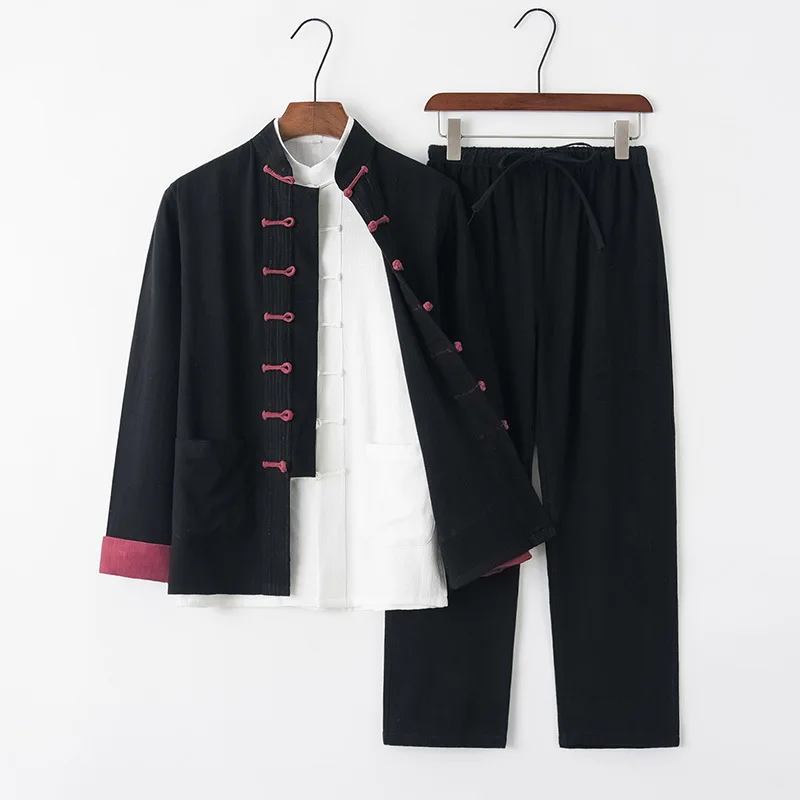 Chinese-style Men Cotton Linen Tang Suit Long-sleeved Trousers Three-piece Suit Linen Hanfu Retro Meditation Buddhist Clothing