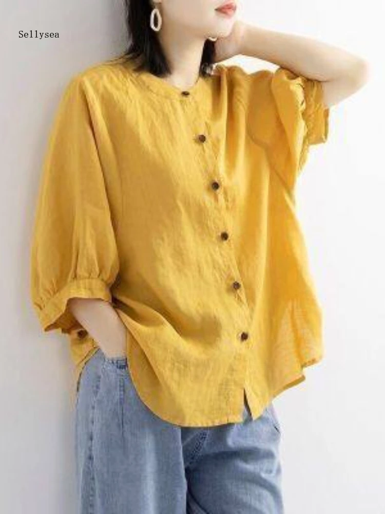 2022 New Cotton Shirt Women's Lantern Sleeve Retro Literary Top Large Loose Medium Sleeve Shirt Women  Blouse Women  Shirt