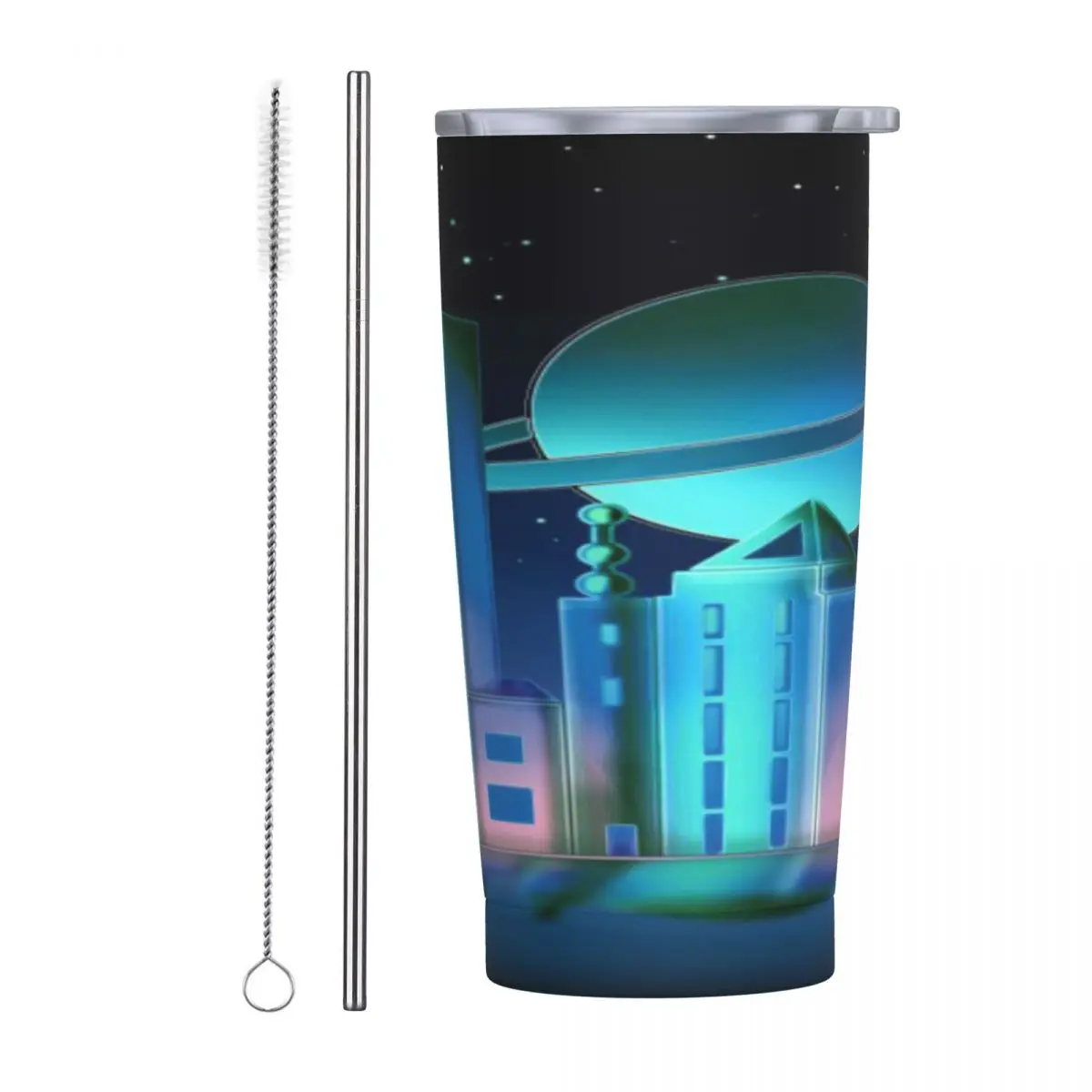 

Galaxy City Stainless Steel Mug Odourless Push pull Lid With straw Reusable