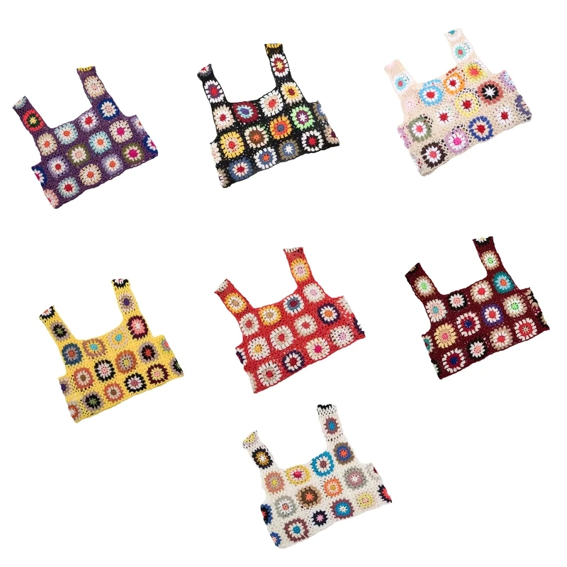 

Женский пляжный укороченный топ без рукавов, вязаный крючком Мини жилет ручной работы, цветные клетчатые рубашки в стиле бохо с цветочным п...