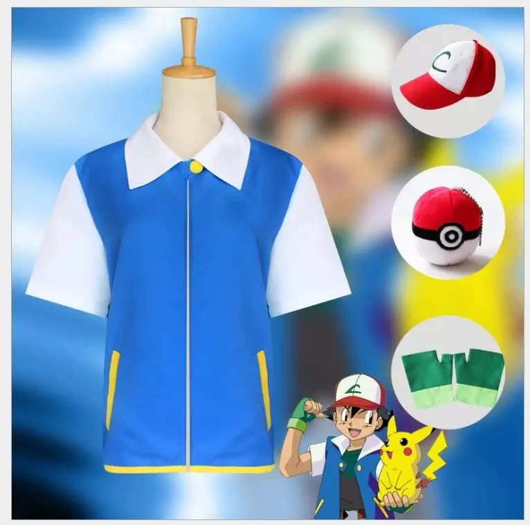 Japanese Animation Ash Ketchum Cosplay Costume Blue Coat Hat Gloves Poke Ball Anime Cosplay Halloween Costumes