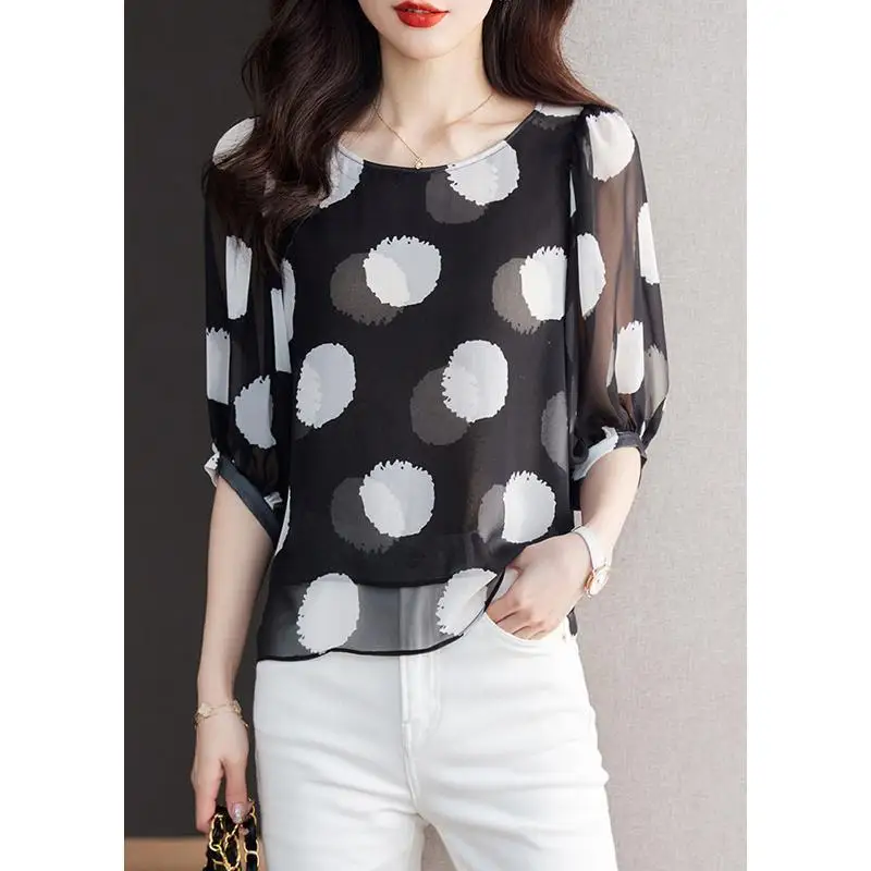 

2023 Women's Clothing Thin Spring Summer Net Yarn Loose Fashion Casual Chiffon O-neck Short Sleeve Printing Pullovers T-Shirts