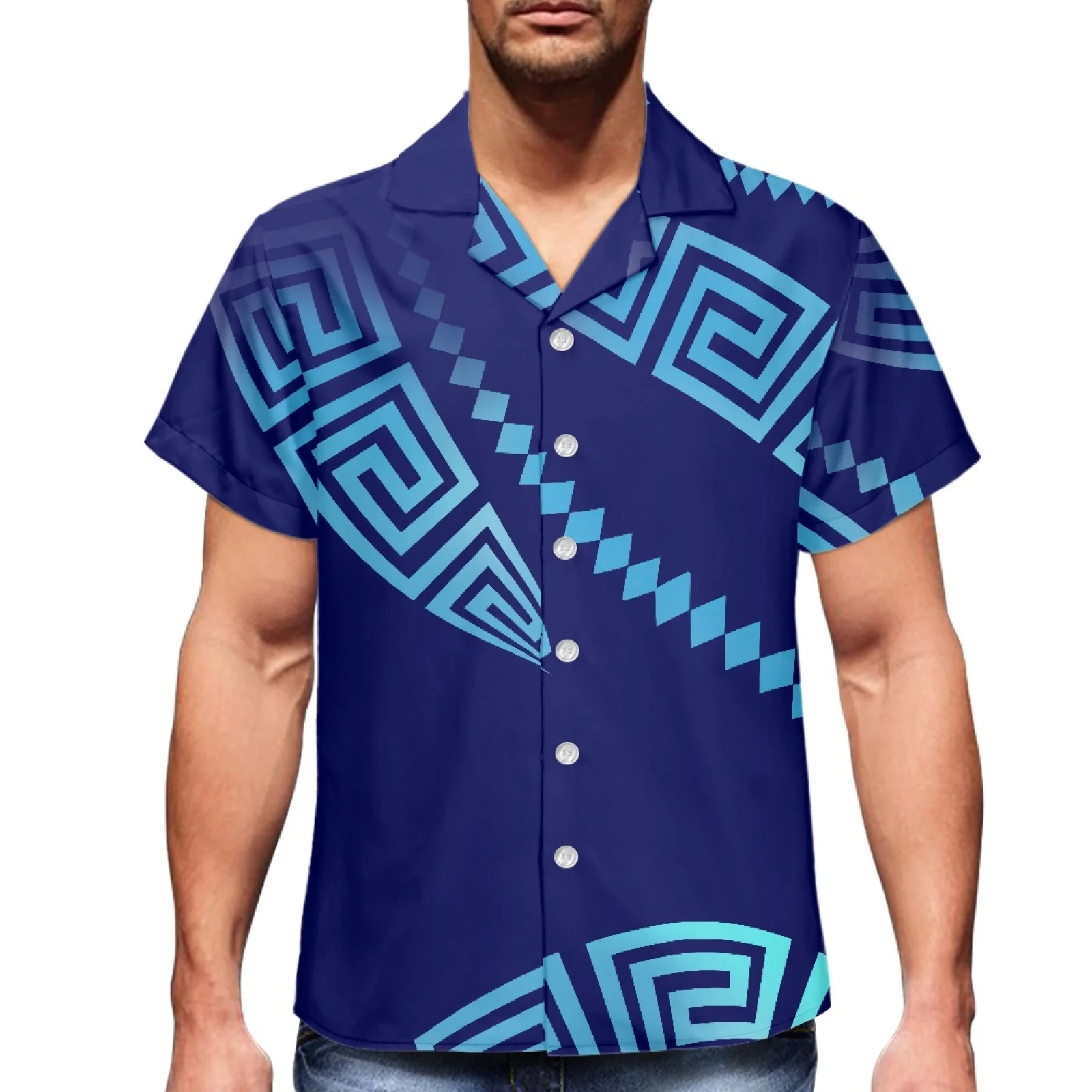 Blue Tattoo Traditional Tribal Print Polynesian 2023 Summer Men's Hawaiian Sport Shirt Men's Shirt V-Neck Men's Short Sleeve