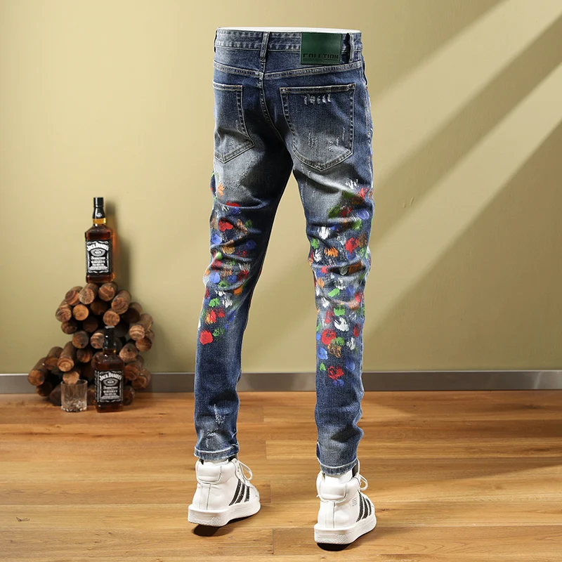 High Street Fashion Men Jeans Retro Blue Elastic Ripped Jeans Men Painted Designer Hip Hop Pants Hombre Stretch Skinny Trousers