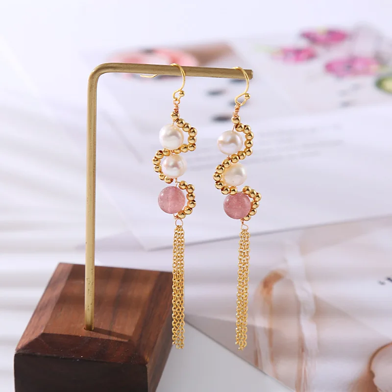 Женские серьги-подвески с натуральным пресноводным жемчугом и клубничным