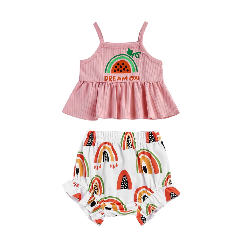 

0-12M Newborn Infant Baby Girls 2PCS Pants Suit Rainbow Heart Ruffle Camisole + Short Ruffle Hem Triangle Pants Summer Outfits
