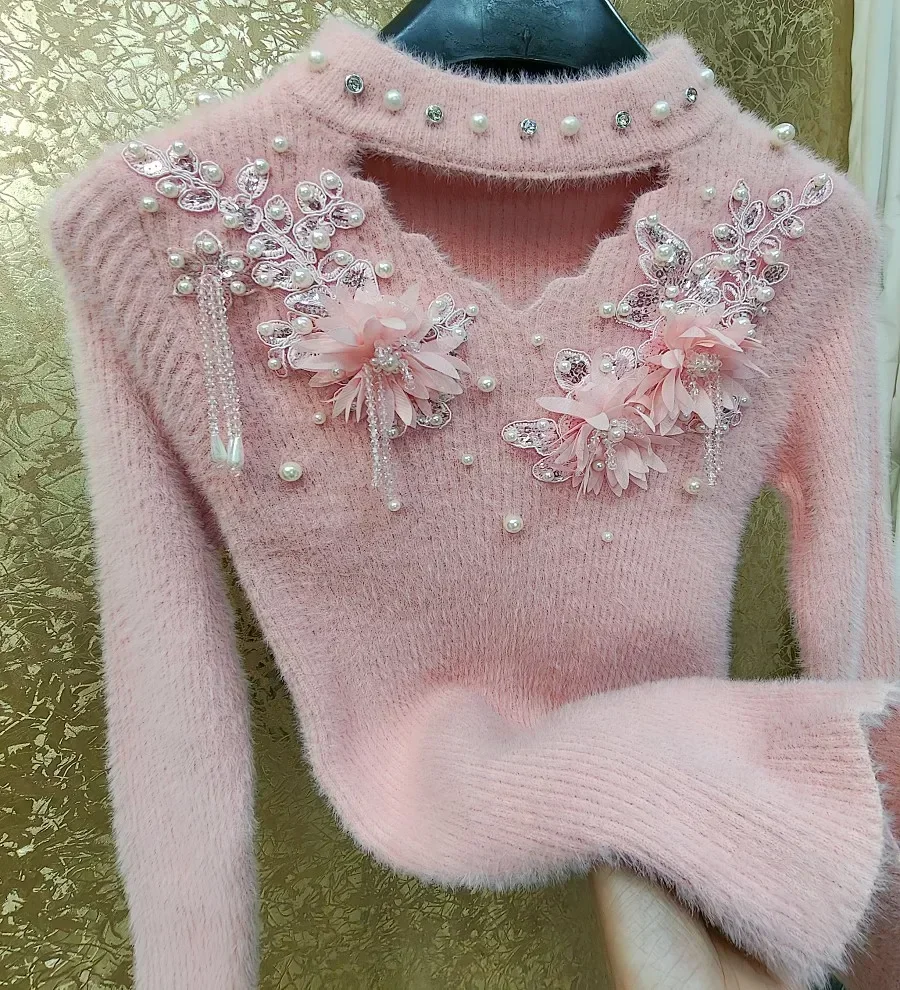 Свитер женский в китайском стиле милый розовый утолщенный Блестящий пуловер из