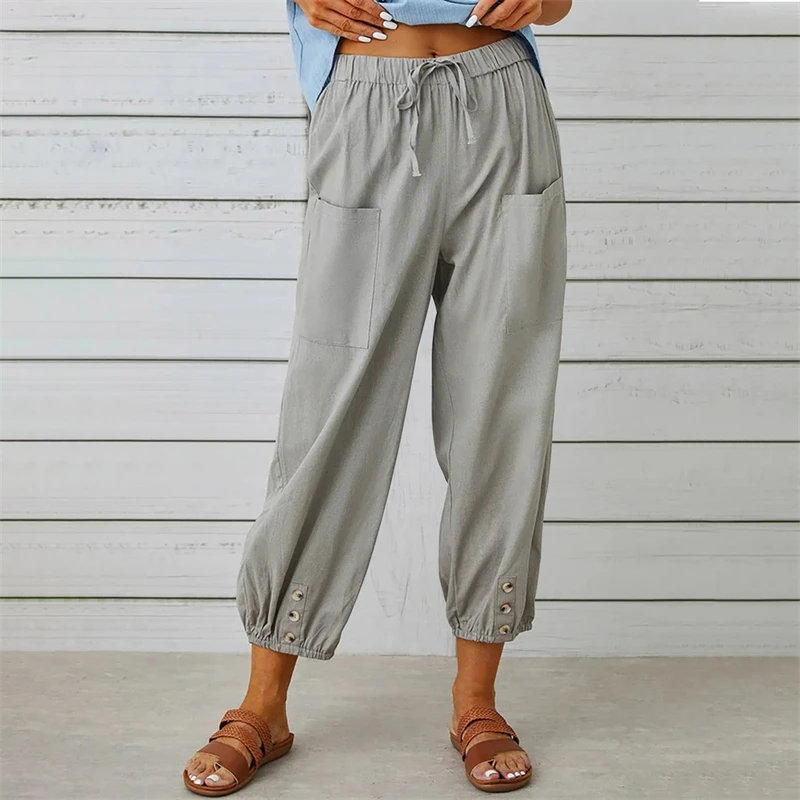 

Литературные однотонные брюки на шнуровке, эластичные рабочие брюки с поясом, элегантные свободные брюки с двумя карманами, повседневные хлопковые брюки 2023