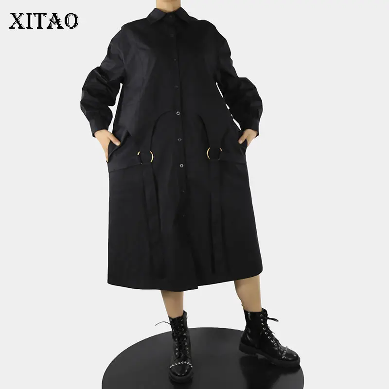 

XITAO Solid Color Patchwork Pocket Single Breasted Dress 2022 Spring New Arrival Casual Fashion Temperament All Match GWJ3006