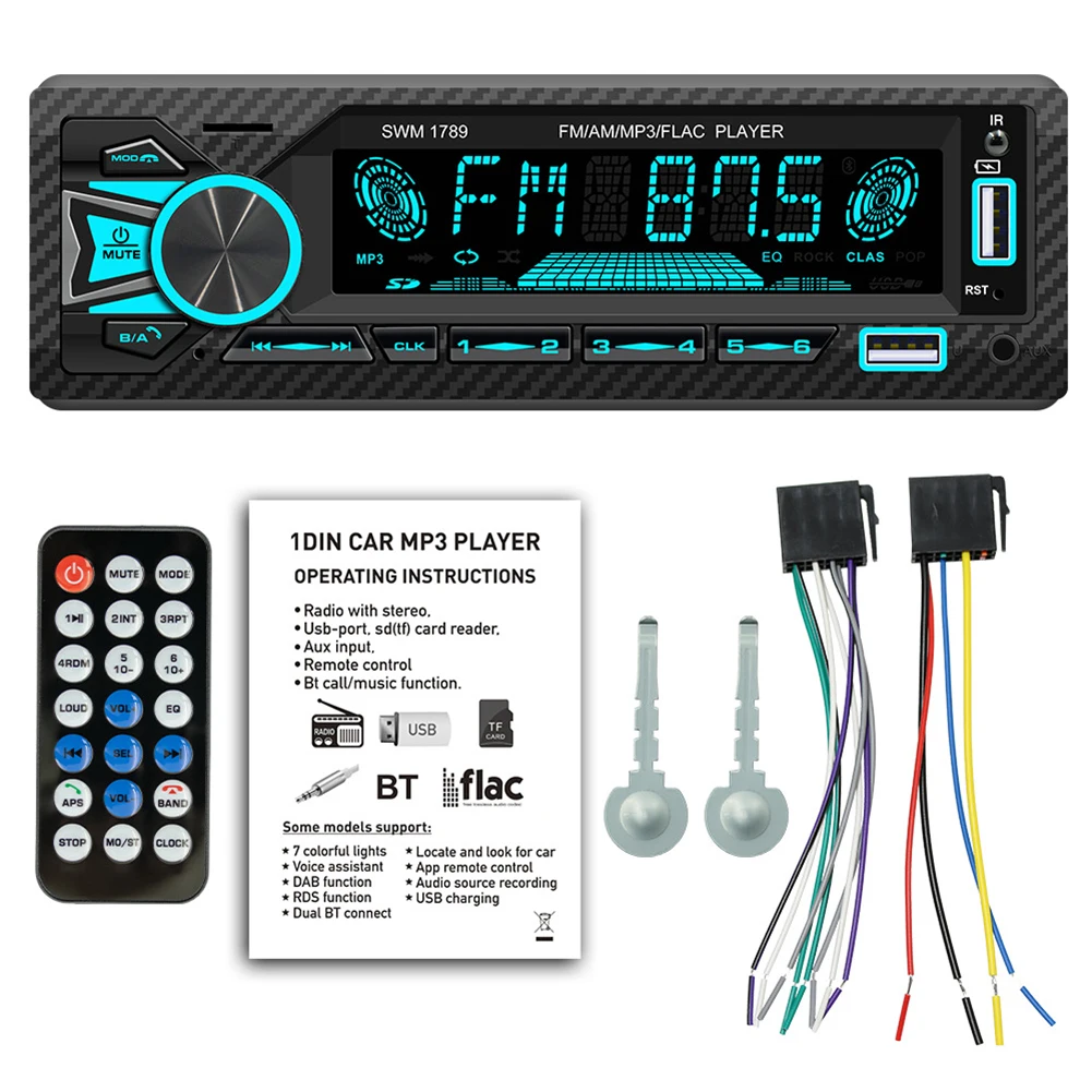 

SWM-1789 1Din Car Stereo Bluetooth-Compatible Audio MP3 Player Car Radio Support USB/TF/AUX Hands-free Call Color Changing Light