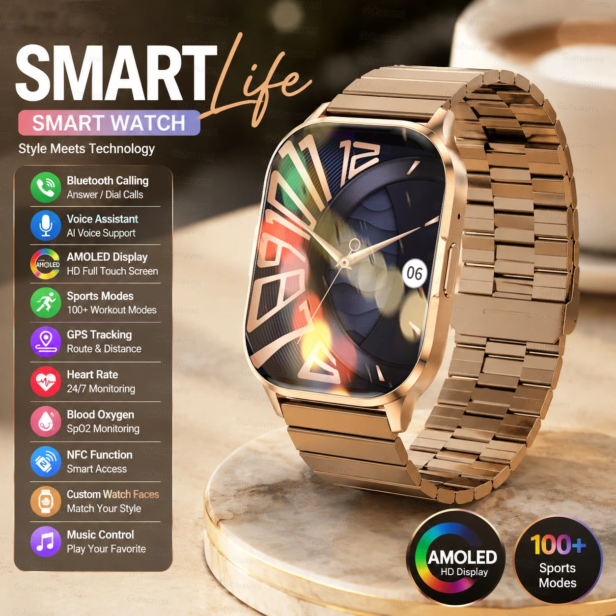 Фото Смарт-часы MAVHX для женщин с AMOLED-экраном 2,01 дюйма, Bluetooth-вызовами, NFC, спортивные часы, мониторинг здоровья, музыка, умные часы для женщин и мужчин №1