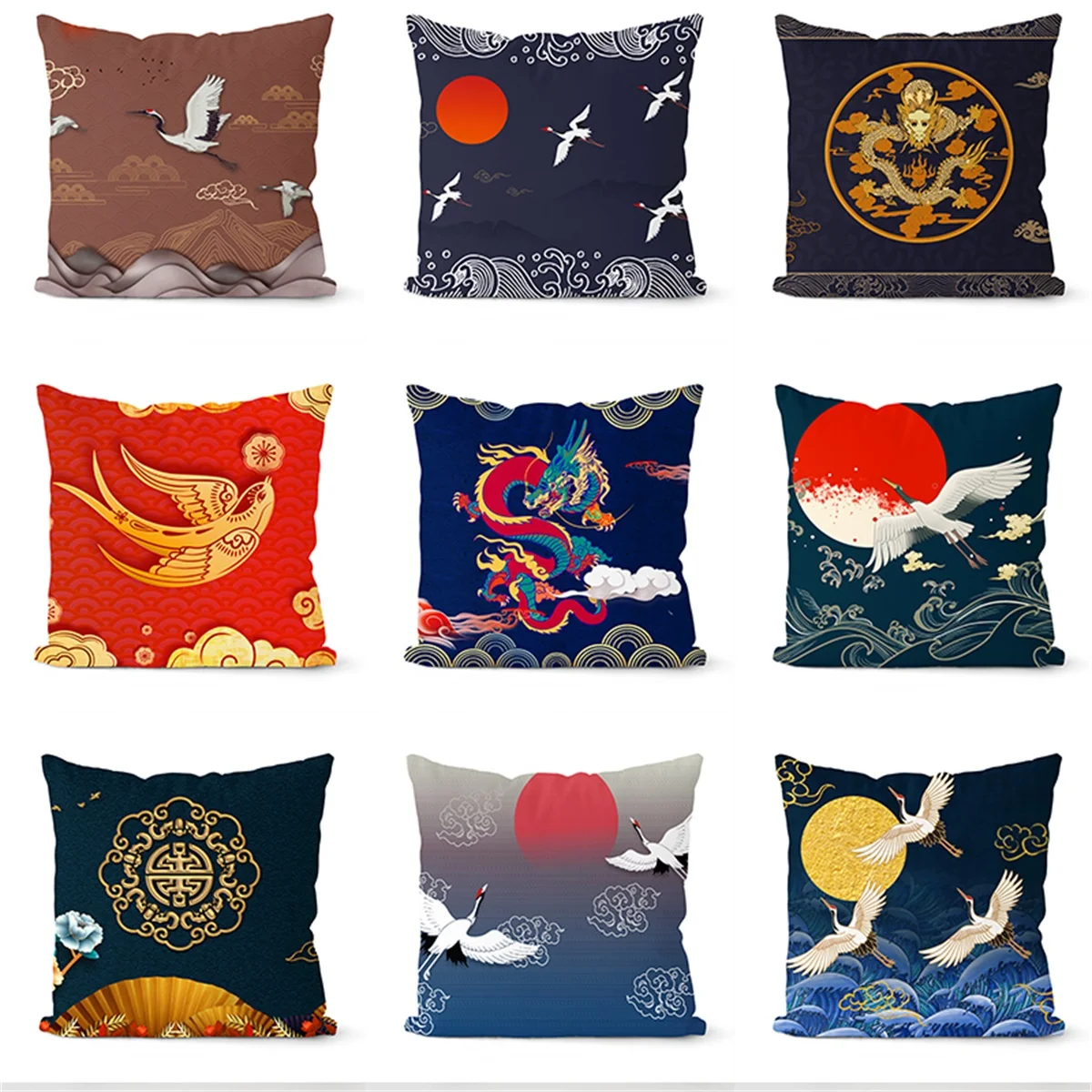 

Chinese Classical Ink Scenic Print Cushion Cover Red-crowned crane Pillows Cases for Sofa Car Home Decoration Pillowcase