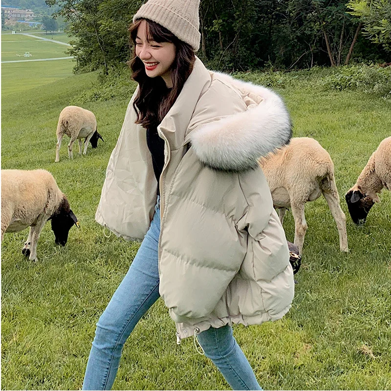 Cotton Coat Women's Mid-length Winter Hooded Furry Coat Women's Thick Bread Coat Women's Loose Casual Down Jacket Cotton Coat