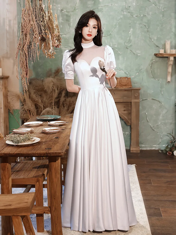

White French Style Evening Dresses New Elegant Stand Collar Puff Sleeve Engagement Gowns Temperament Long Celebrity Dress