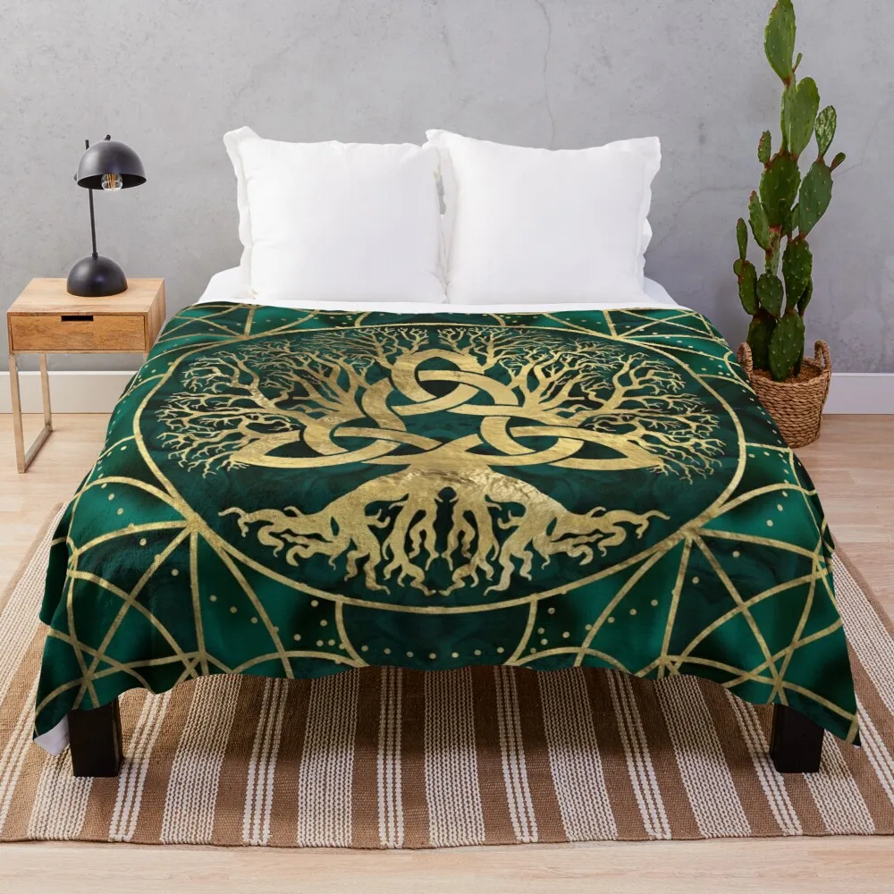 

Одеяло «Древо жизни» из трикветры малахит и золота, мягкое одеяло, пушистая ворсистая теплая кровать, модное