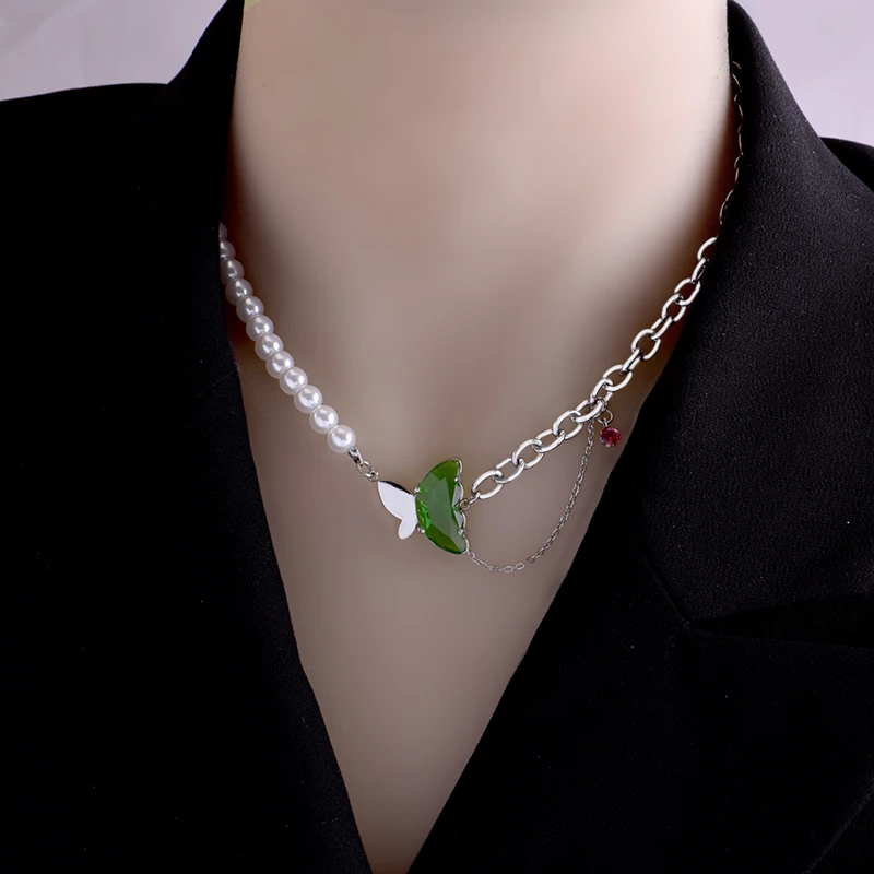 

newest 316l stainless steel no fading Hip hop green butterfly pendant Necklace women Light luxury chain choker jewelry wholesale