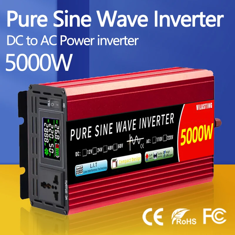 Инвертор 12 В/24 В 110 В/220 В, немодулированный синусоидальный сигнал 5000 Вт, 4000 Вт, 3000 Вт, 2000 Вт постоянного тока на Гц переменного тока, Преобразователь мощности, портативный инвертор мощности с ЖК-дисплеем