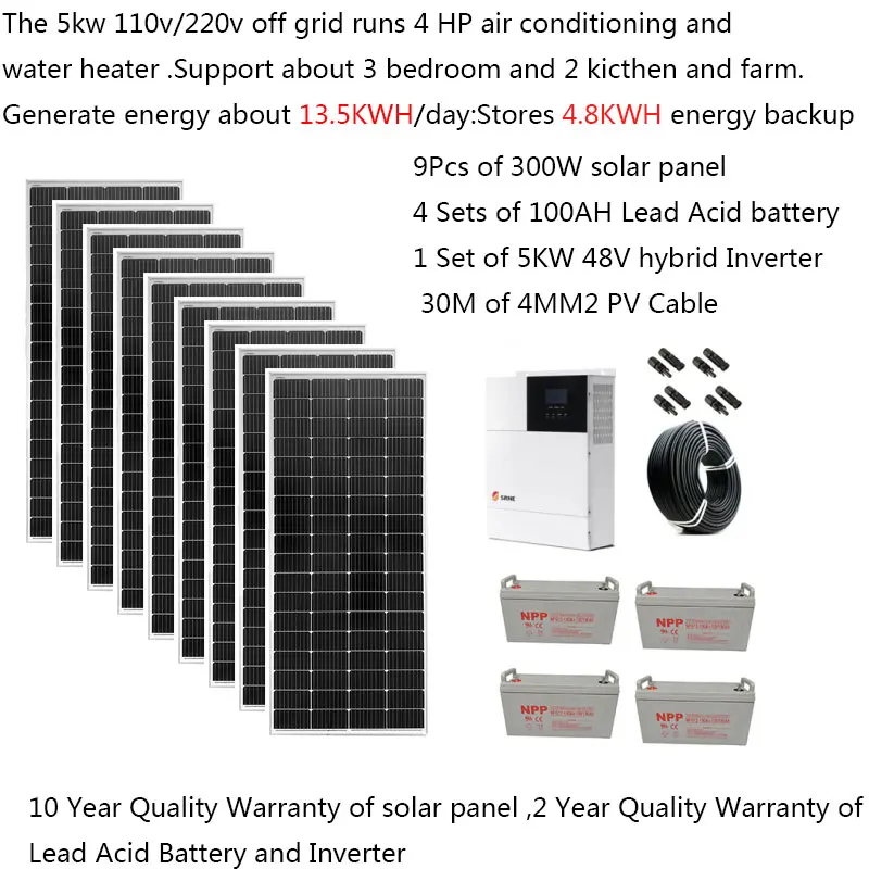 Solar Panel Kit Complete With Battery 5000W 220V 110V Solar Panel 300W Off Grid System 5kw MPPT UPS Hybrid Inverter 4HP Bedroom