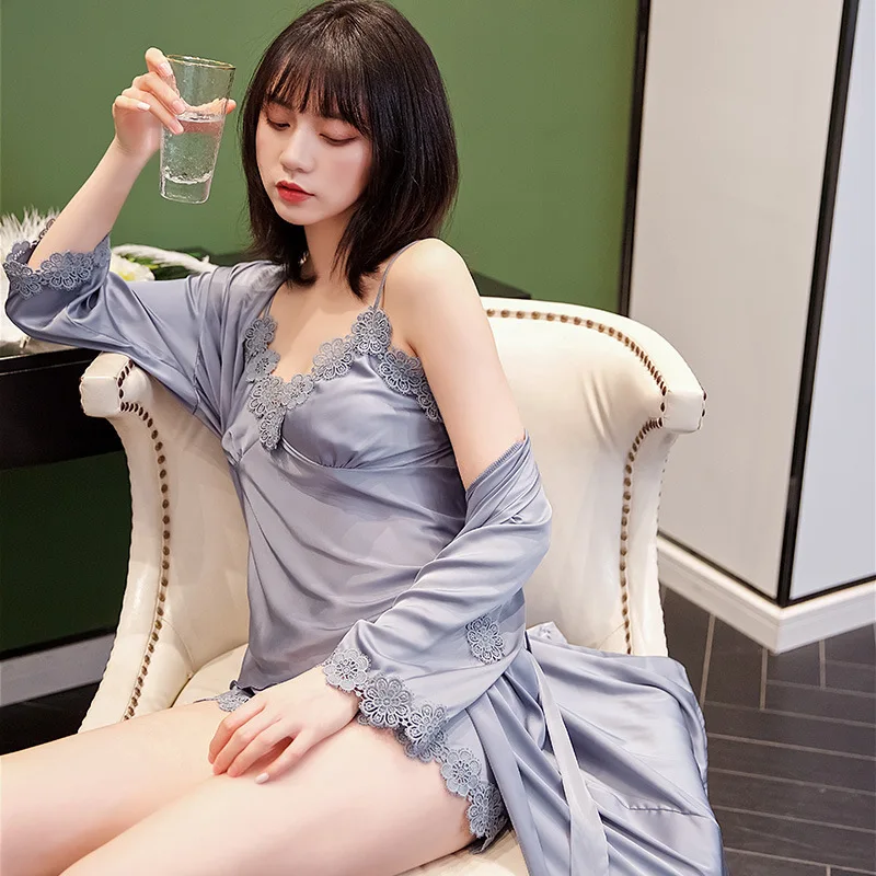 Пижамный комплект из 3 предметов халат пеньюар Женская атласная пижама пикантные