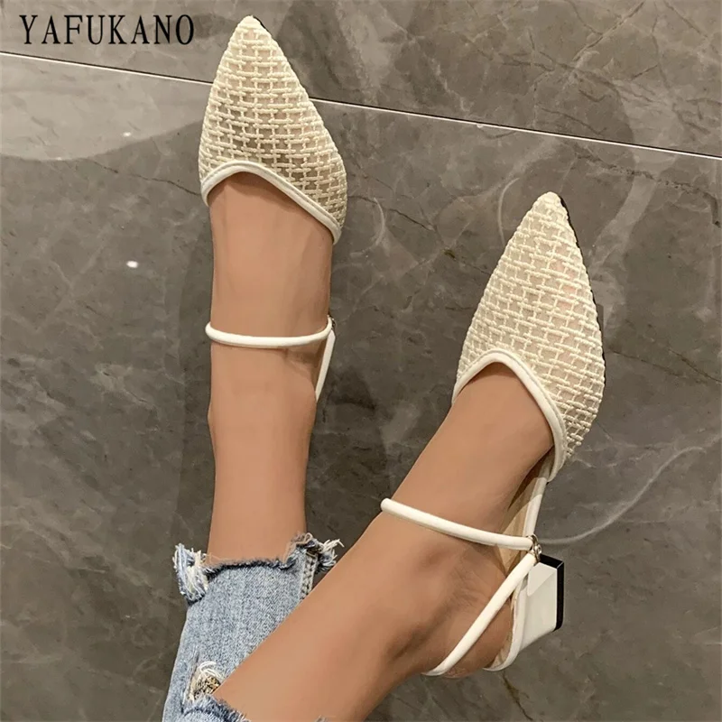 

Point Toe Chunky Heeled Slingback Pumps Summer Two Wear Sandals Slippers Mid Heel High Heels Party Dress Slides