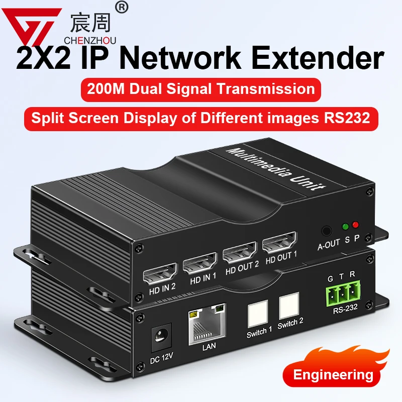 Фото Удлинитель 2x2, разветвитель через Ethernet, 200 м, 2 в 2, 1080P, IP-удлинитель, разветвитель портов RJ45, удлинитель с TCP/IP для ТВ-ПК №1