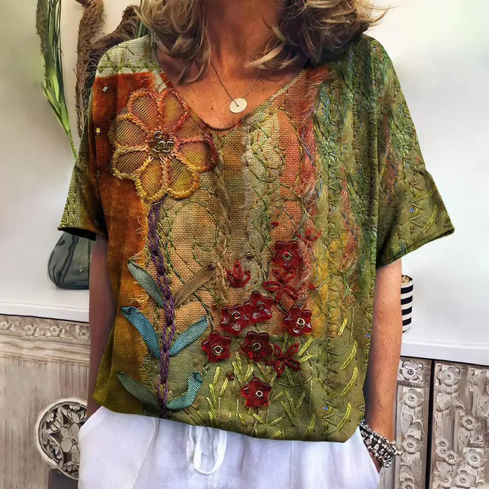 

Vintage Women's T Shirt Floral Graphic Tees Summer V Neck Oversized Sweatshirt Casual Style Short Sleeve Tops Harajuku Clothes