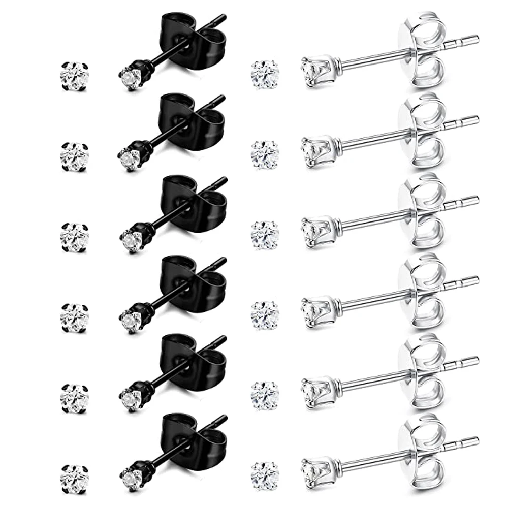 6 Pairs Tiny 2mm Stainless Steel Stud Earrings For Mens Womens CZ Round Earrings Black Silver Set