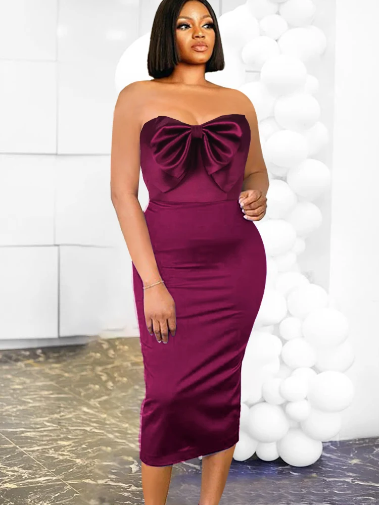 

Burgundy Tube Top Dresses Bowtie Satin Bodycon Backless Cocktail Birthday Event Occasion Prom Midi Outfit Summer Gowns for Women