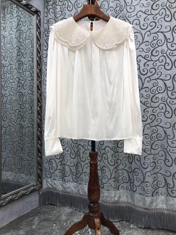 

2022 new women fashion double layer exquisite doll collar straight silk shirt luxury top shirt 319
