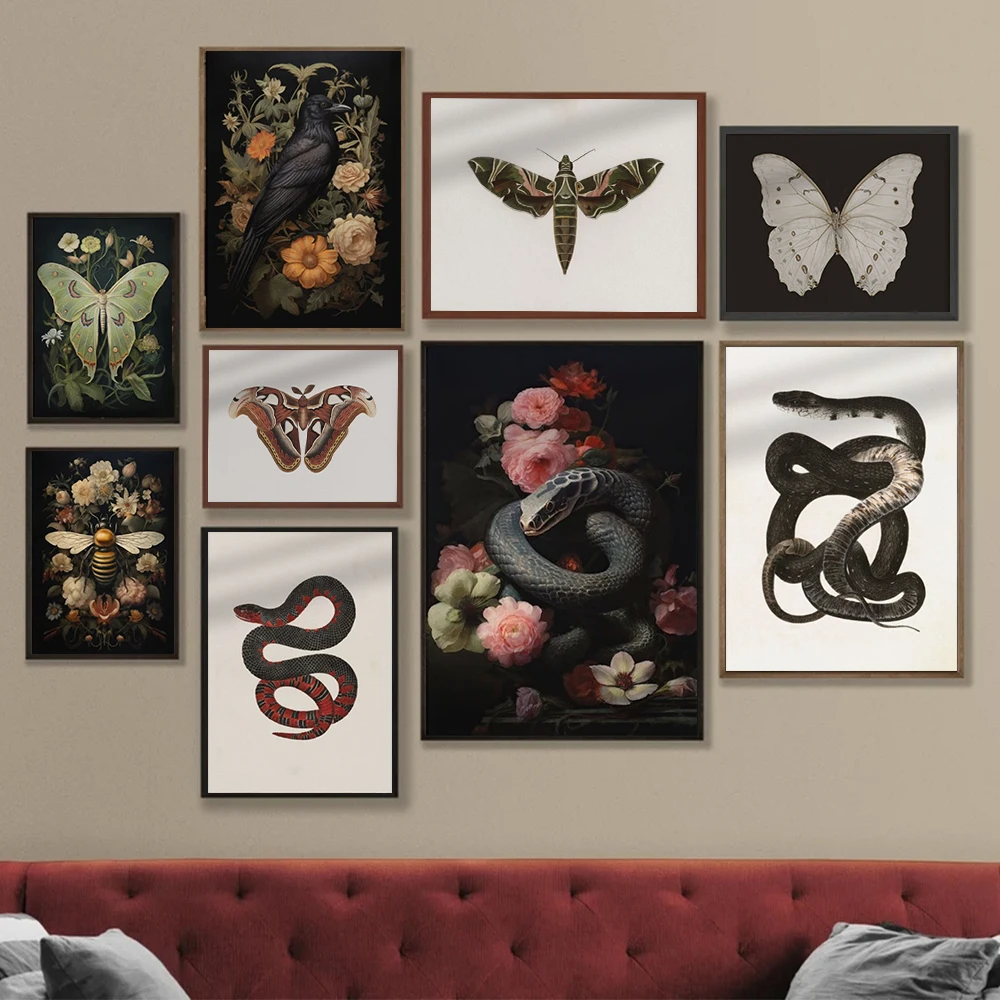 

Dark Academia Aesthetic Insect With Floral Poster Prints For Living Room Home Decor Gothic Snake Rabbit Canvas Painting Wall Art