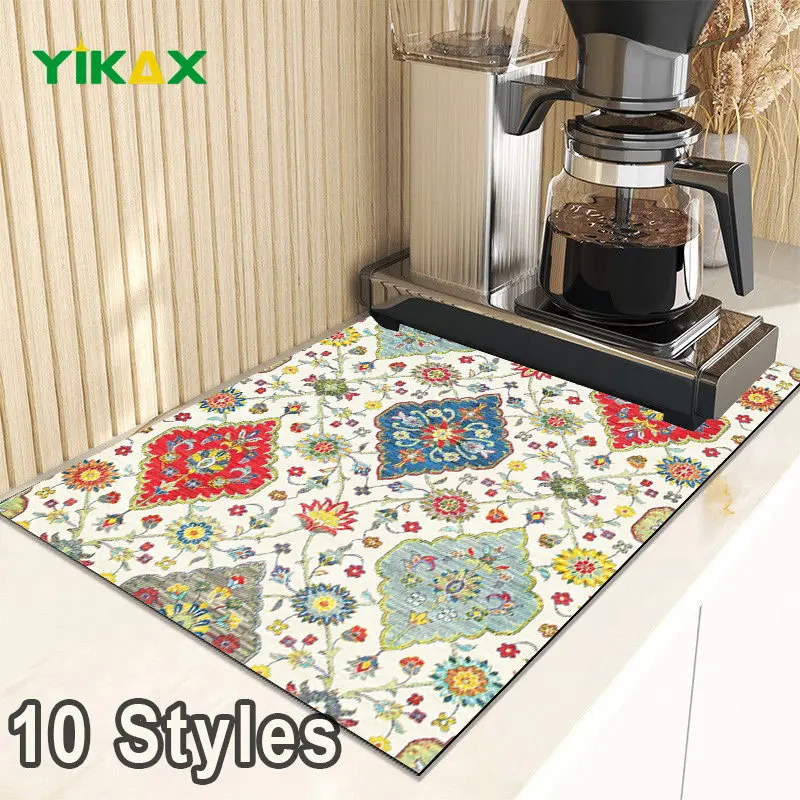 

Floral Drain Pad Rubber Dish Drying Mat Super Absorbent Drainer Tableware Bottle Rug Kitchen Dinnerware Placemat Home Decoration