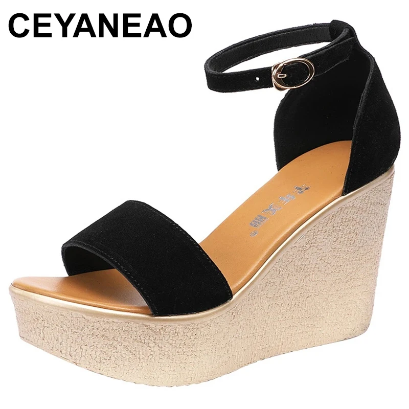 

Summer Wedges Increase Platform Women Sandals Muffin Thick Bottom High Heels Ankle Buckle Peep Toe Sandals Plus Size 32 33 42 43