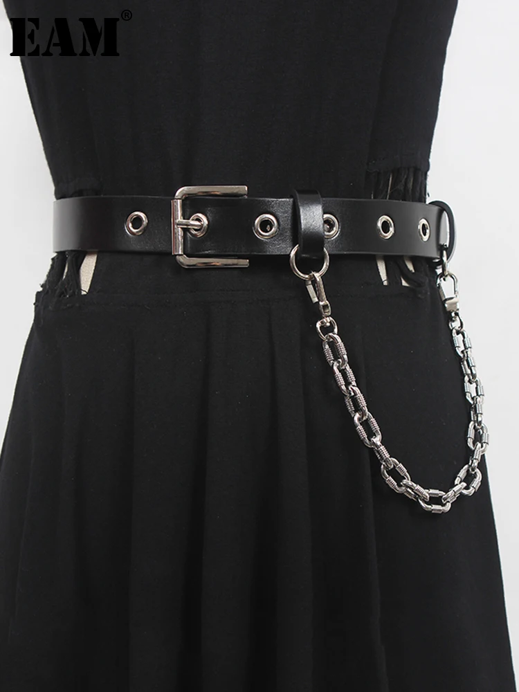 

[EAM] черный длинный широкий ремень из искусственной кожи с металлической цепочкой; Новинка; Модная женская универсальная одежда; Сезон весна...