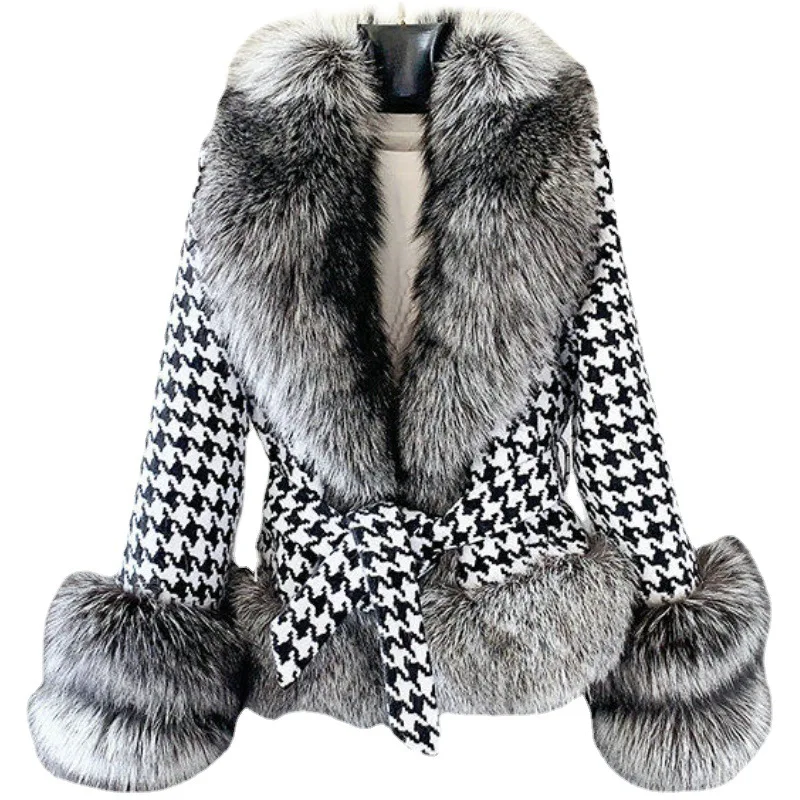 Real Fur Coat Winter Jacket Women Natural Fox Fur Collar Silver Fox Color Belts Thick Warm Luxury Plaid Outerwear  Streetwear