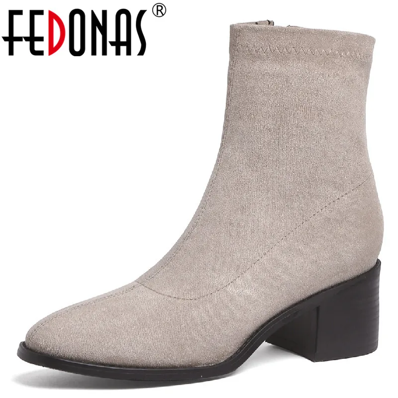 

FEDONAS 2023 Women Ankle Boots Office Ladies Dress Concise Mature Thick Heels Shoes Woman Autumn Winter Female Stretch Boots