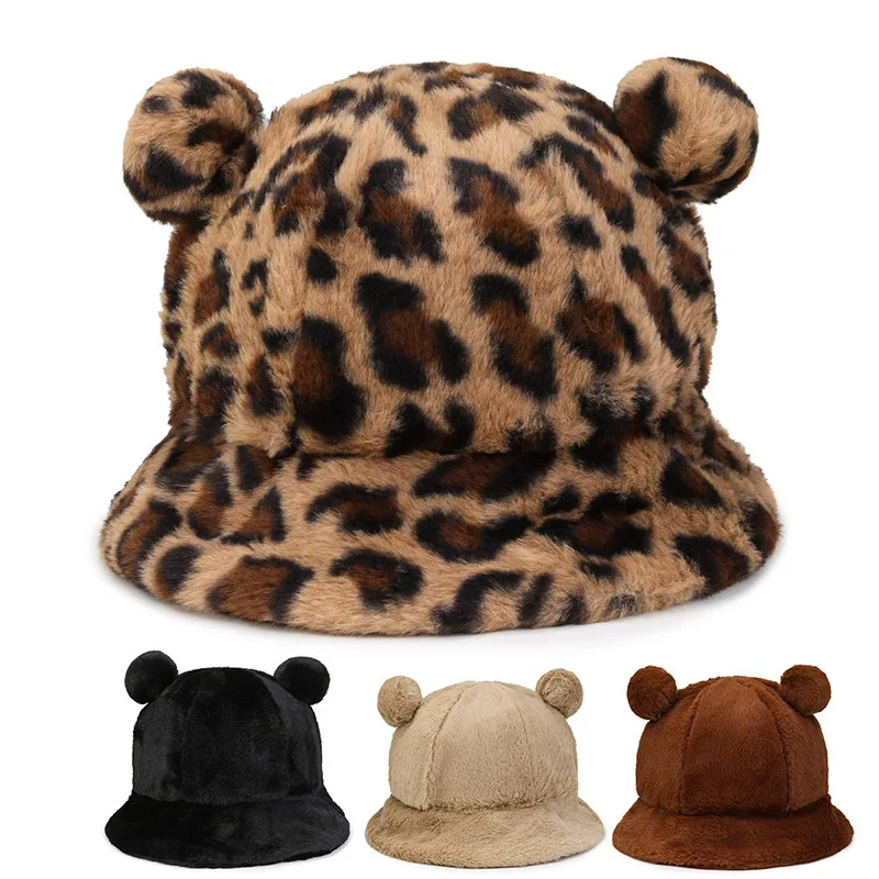 

Fashion Autumn Winter Leopard Fur Bucket Hat Bear Ear Ball Plush Fisherman Hat Soft Warm Thick Basin Hat Protection Bucket Hats