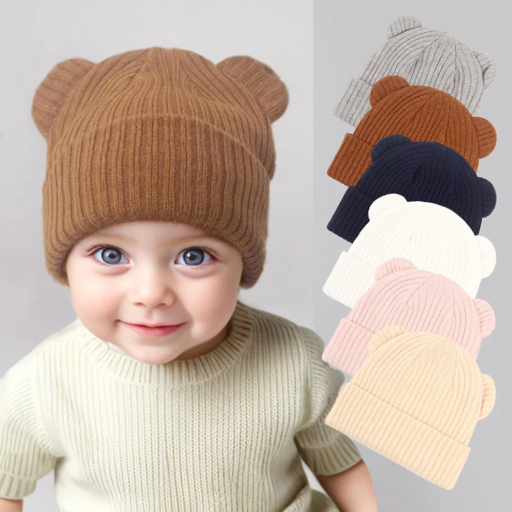 Милая шерстяная шапка с мультяшными медвежьими ушками для новорожденных зимняя