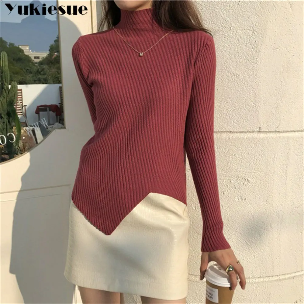 

2022 Autumn Winter Women Fashion slim Sweaters Asymmetric Hem Mock Neck Long Sleeve Top Ribbed Knitted Pullover Sweater Jumper