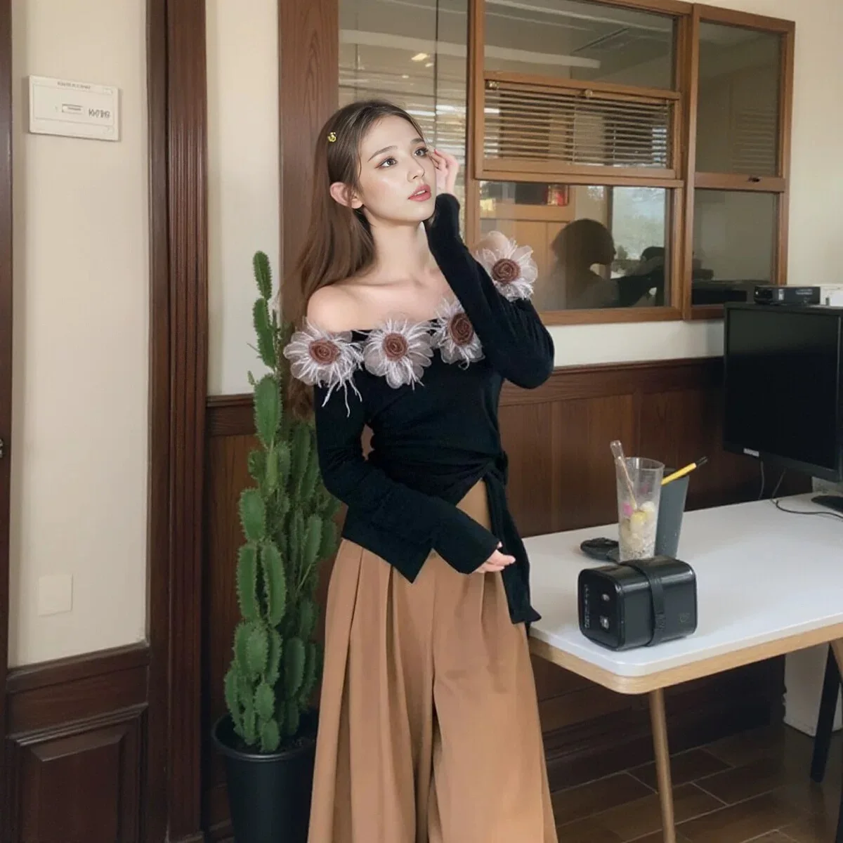 Корейские модные милые топы с разрезом осенне-зимние женские вечерние